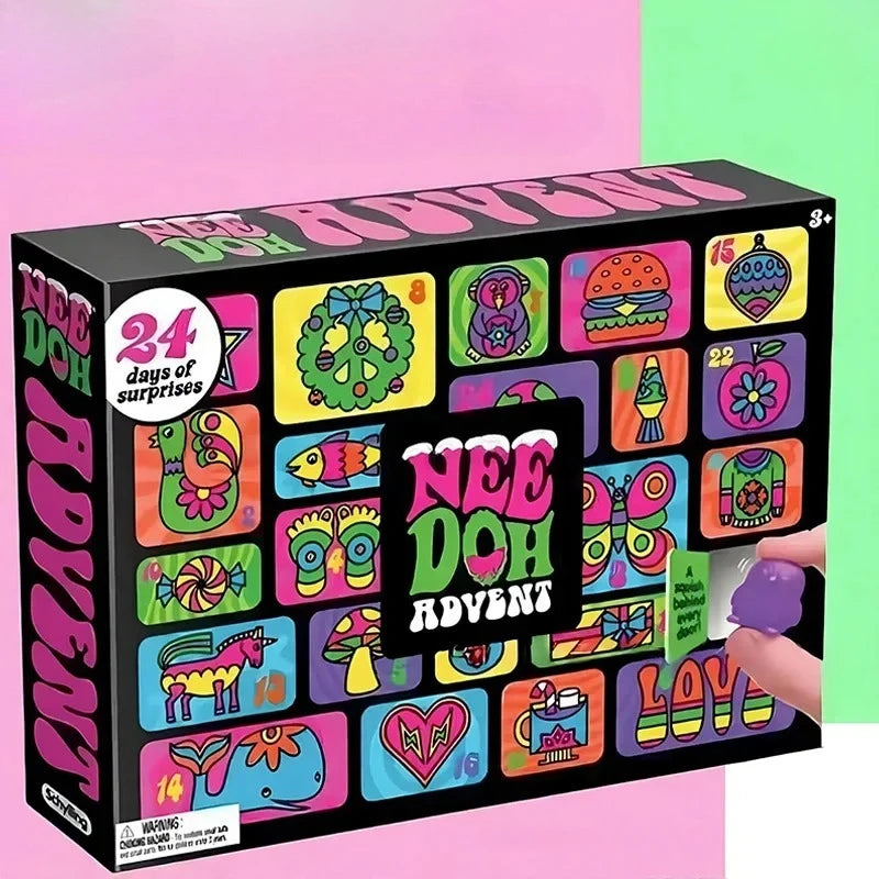 A colorful 'Nee Doh Advent' toy box with a hand holding a small purple gift bag, set against a split pink and green background.