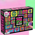 A colorful 'Nee Doh Advent' toy box with a hand holding a small purple gift bag, set against a split pink and green background.