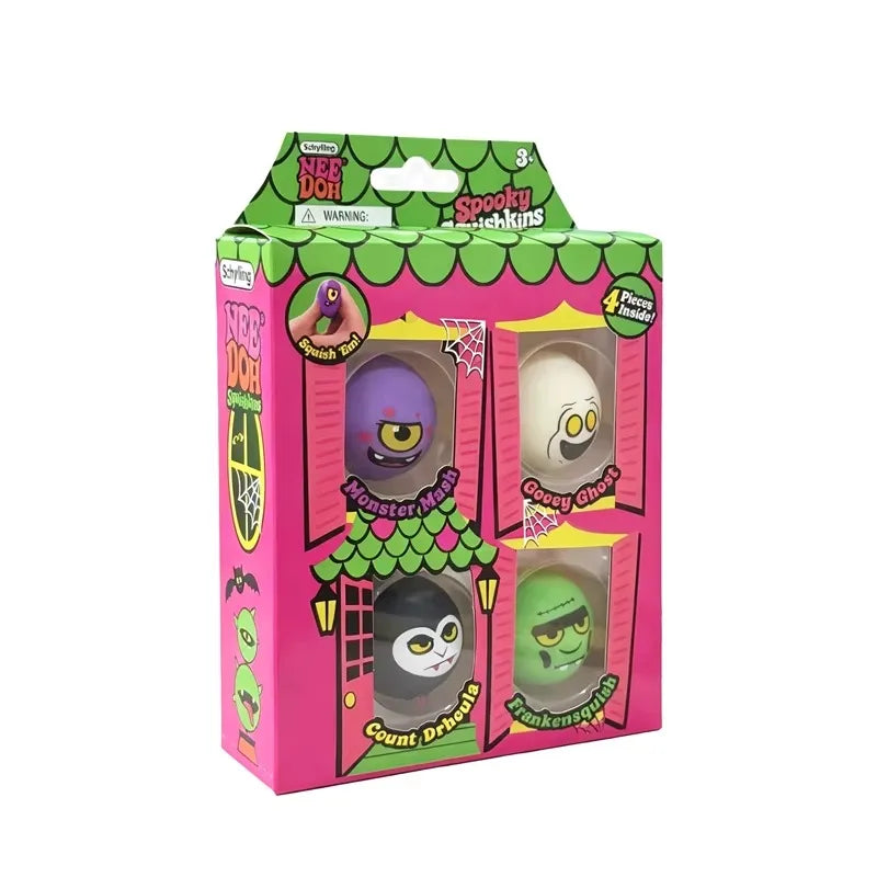 A boxed set of four 'Spooky Squishies' by NeeDoh, featuring colorful cartoon monster figures visible through a pink and green window box.