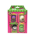 A boxed set of four Spooky Squishkins toy figures in a pink and green retail package on a white background. The package contains a purple monster ball a white ghost ball, a black vampire ball and a green Frankenstein ball.