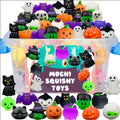 Halloween-themed mochi squishy toys in a clear container with a colorful label.