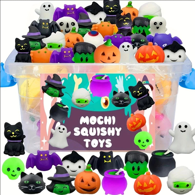 Halloween-themed mochi squishy toys in a clear container with a colorful label.